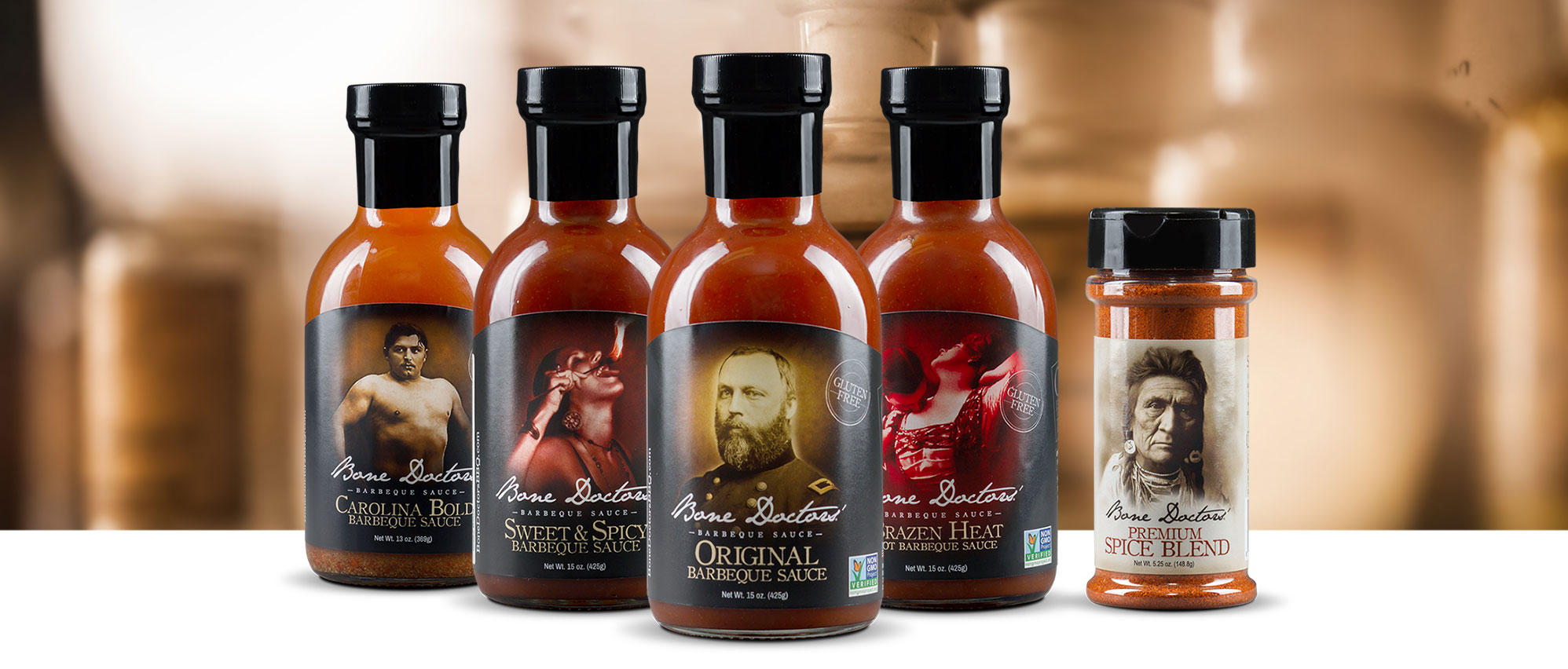 All 4 Bone Doctors sauce bottles and 1 jar of spice rub